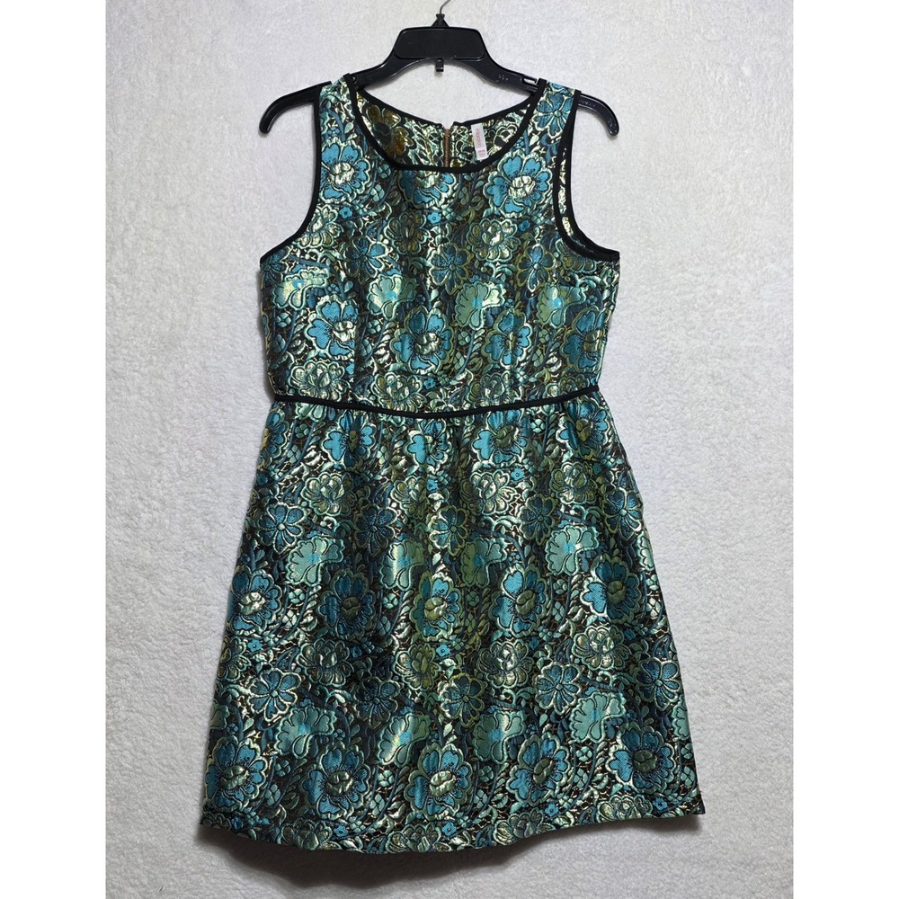 Xhilaration Women's Teal Gold Floral Metallic Brocade Fit Flare Dress Medium